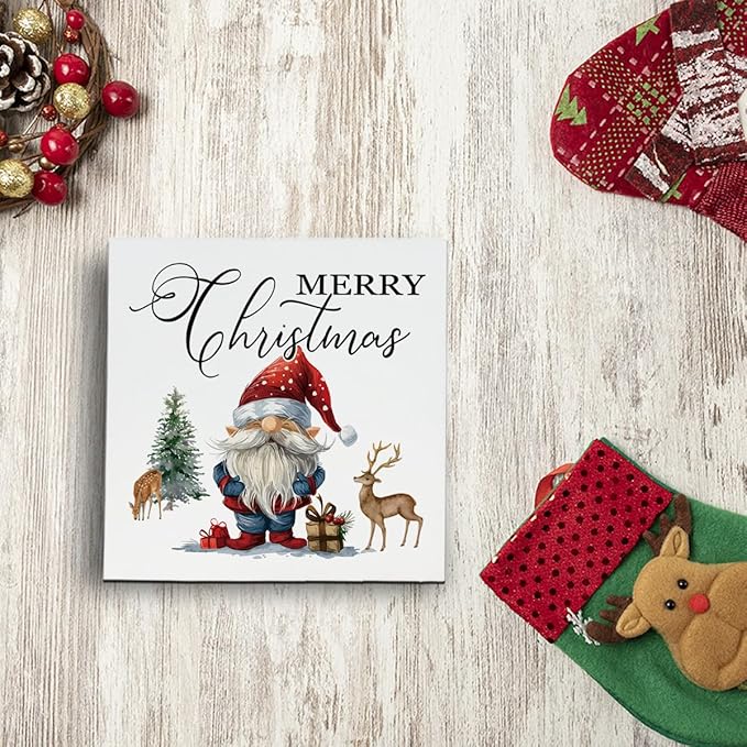 Cute Santa Snowman Wood Box Sign Desk Decor, Claus Snow Scene Wooden Block Sign, Winter Christmas Home Decorative Plaque for Living Room Bedroom Office Table Top Decor 5 x 5 Inches