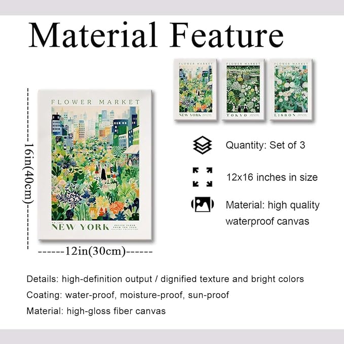XLARTMY Flower Market Wall Art Prints Canvas Green Yellow White Floral Paintings Colorful Botanical Travel Flower Posters for Home Decor Pictures Set of 3 for Living Room Bedroom 12x16in