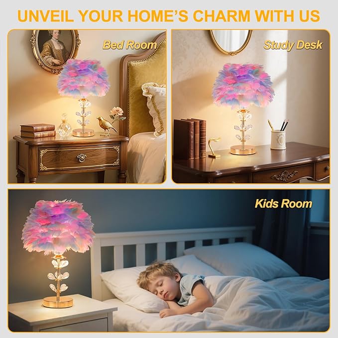 Colorful Feather Lamp Romantic Bedside Nightstand Lamp Creative FfluffyTable Lamp Modern Furry Desk Light for Princess Girls Bedroom Living Room Wedding Christmas Gift Deco Entry Office
