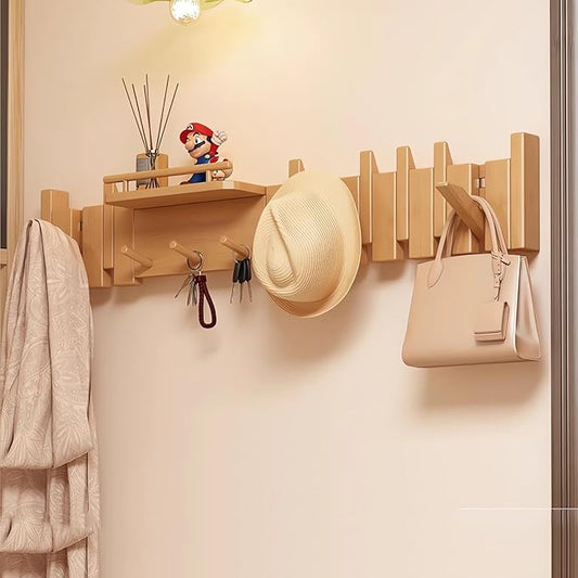 Wall Mounted Coat RackHooks Piano Key Hangers Natural Solid Wood Hanger Non-Woven Fabric Clothes Hangers for Closet, Kitchen, Bedroom, Bathroom, Entryway (Innovate-Beech, 12 Hooks)