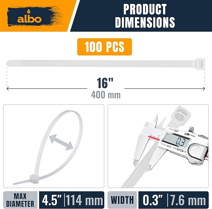 ALBO White Zip Ties Heavy Duty 16 Inch Long 120lb - 100 Pack Plastic Cable Ties 0.3 Inch Thick UV Resistant Tie Wraps for Indoor and Outdoor Use