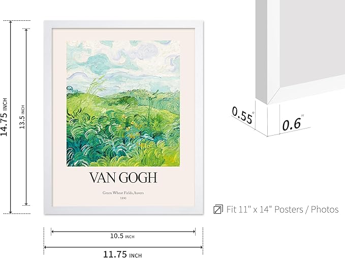 Monem Art Vintage Van Gogh Poster - Retro Impressionist Print - Green Wheat Fields, Auvers, Sky, Leaves, Landscape - Gift for Artist, Friend - Wall Decor for Home, Office, 11x14 White Framed