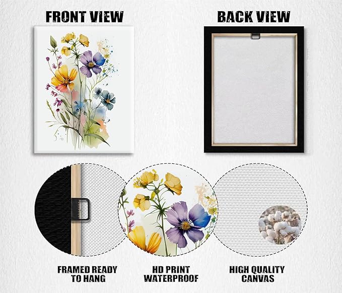 Framed Colorful Wildflower Art,Botanical Plant Leaves Canvas Wall art,Watercolor Minimalist Wildflowers Art Print,Watercolor Blooming Floral Flower Artwork for Garden Farmhouse Decor Set of 6(8"x10")