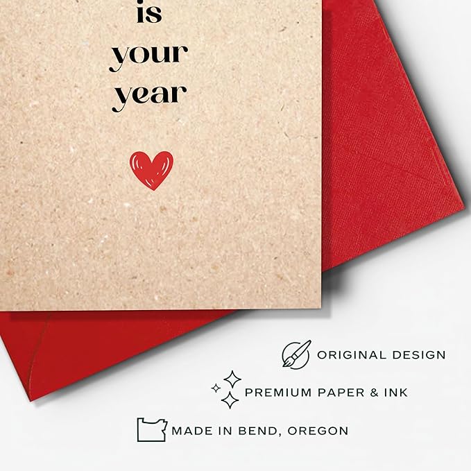 (5.3x8in) This Is Your Year Card, Minimalist Kraft Paper Motivational Greeting with Red Heart, Positive Encouragement Card for New Year, Promotion or Life Change with Envelope (Xmas 44)