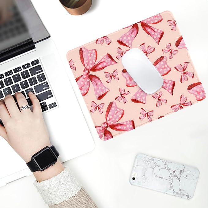 Seorsok Square Aesthetic Oversized Pink Polka Dot Bows Mouse Mat,Premium Textured Mouse Pads for Office Laptop,Washable Square Mousepads with Extended Stitched Edges Non Slip Rubber Base