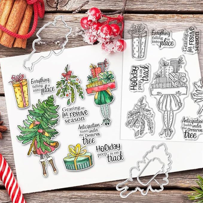 Box Christmas Tree Stamps and Cutting Dies for Card Making DIY Transparent Silicone Clear Stamp and Metal Die Cuts Sets for Scrapbooking Paper Greeting Cards Decor Seals Craft Supplies