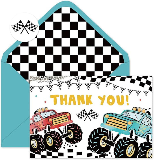 24 Pack Racing Truck Thank You Card Red Blue Car Greeting Cards with Envelopes Stickers Blank Note Cards for Birthday Baby Shower, 4 x 6 Inch