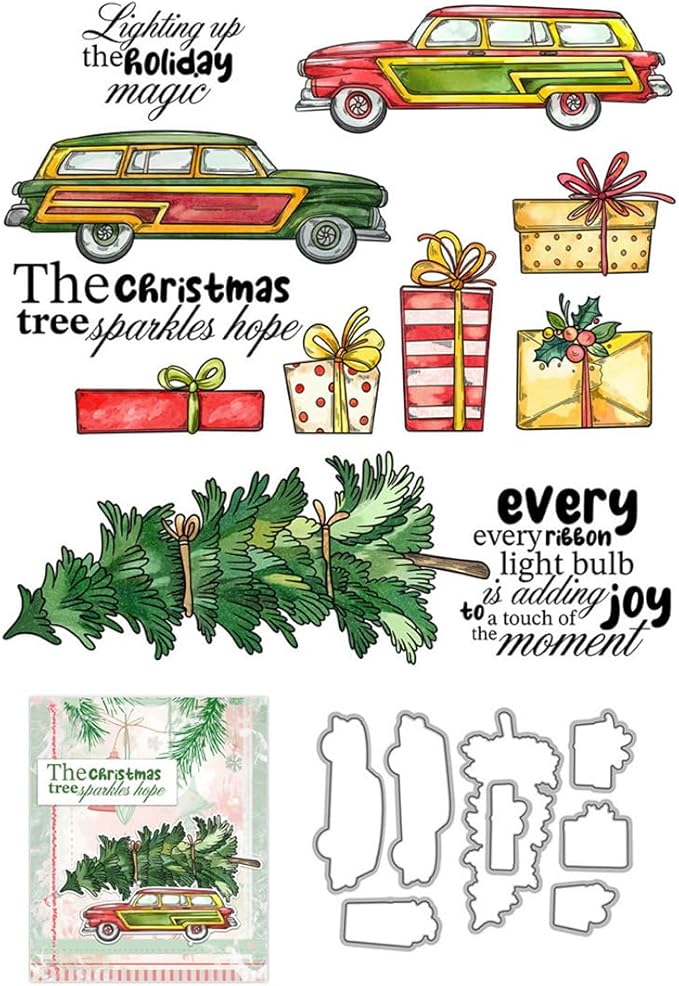 Car Christmas Tree Box Stamps and Cutting Dies for Card Making DIY Transparent Silicone Clear Stamp and Metal Die Cuts Sets for Scrapbooking Paper Greeting Cards Decor Seals Craft Supplies