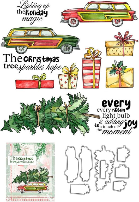 Car Christmas Tree Box Stamps and Cutting Dies for Card Making DIY Transparent Silicone Clear Stamp and Metal Die Cuts Sets for Scrapbooking Paper Greeting Cards Decor Seals Craft Supplies