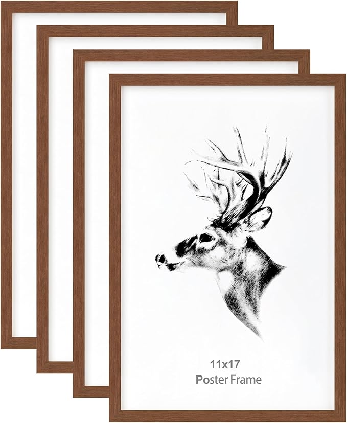Yaetm 11x17 Picture Frames Set of 4, Walnut Brown, Solid Wood Poster Frame 11x17 for Wall Gallery, Horizontal and Vertical Wall Mounting (4 pack, Walnut)