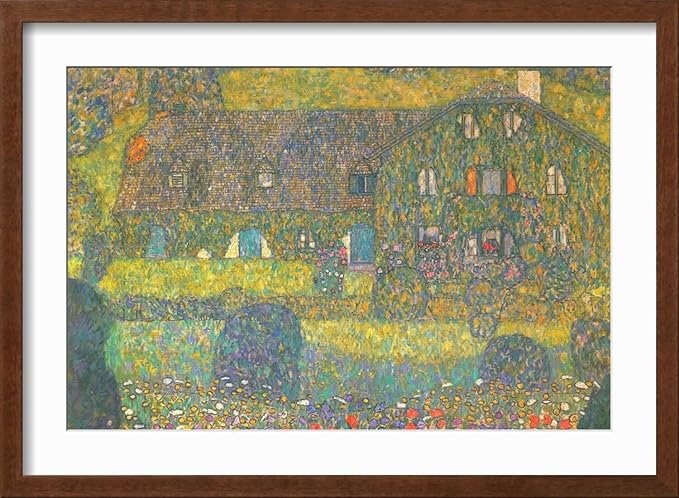 ART.COM Wall Art Print House in Attersee on Brown Frame by Gustav Klimt, 22" x 16"