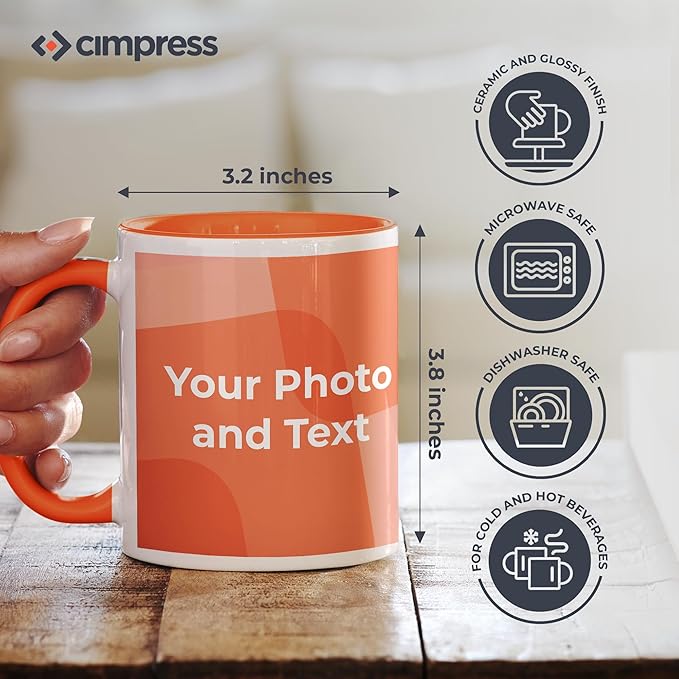 Personalized Mug, Custom Ceramic Mug with Photo and Text, 11oz, Pack of 1, Glossy Coffee Cup, Perfect for Christmas, Secret Santa or as Holiday Gift for Family or Friends, White/Orange