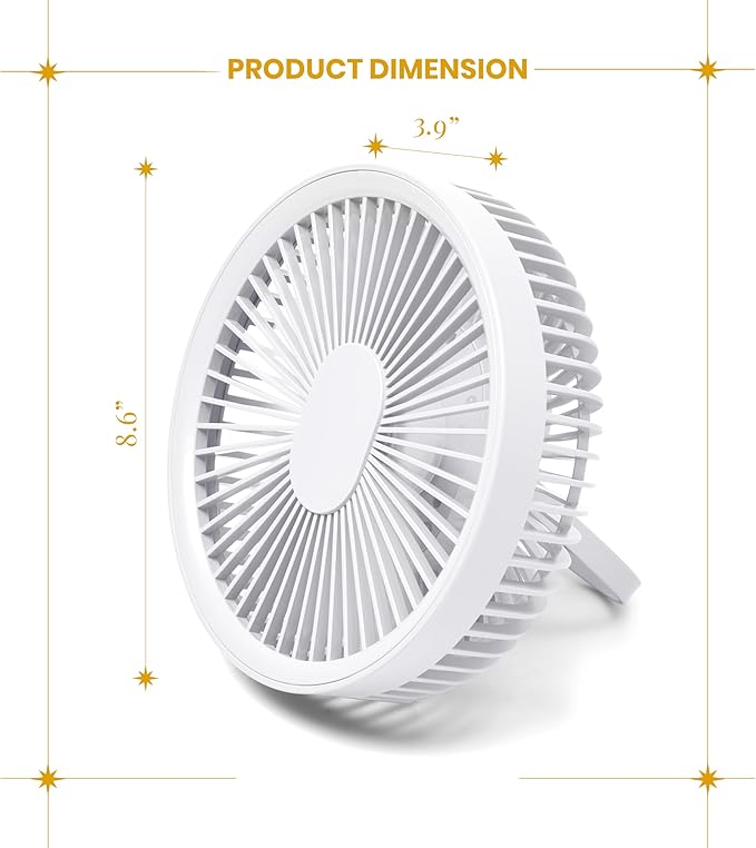 Brynnberg Portable Indoor Fan – Rechargeable Table Fan for Home, Office & Bedroom – Quiet Air Circulation Desk Fan with Adjustable Angle, Hanging Hook & Long Battery Life – Compact White 8.6 x 3.9in