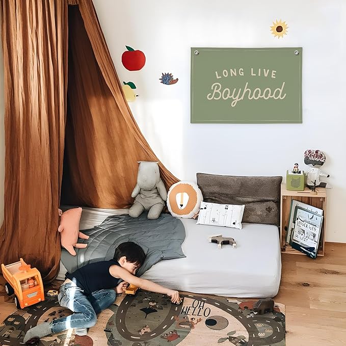 Long Live Boyhood Boys Room Decor, Sage Green Nursery Playroom Toddler Boy Linen Canvas Banner Wall Hanging Flag Baby Little Boy Kids Teen Room Bedroom Decorations, 30x20 Inch