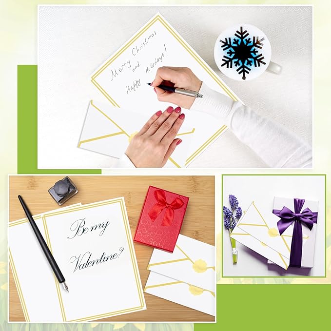 30 Pack Stationery Paper Set with Gold Border Including #10 Business Envelopes and 8.5x11 Paper Sheets 30 Gold Stickers for Love Letters and Party Invitations (White)
