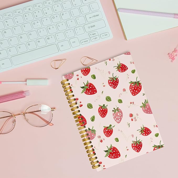 Cute Strawberry Journaling Notebooks, Preppy Pink Spiral Notebook, Pink Office Supplies, Cute Notebooks for Women Girls, Hardcover Spiral Notebooks College Ruled 5.5 x 8.3