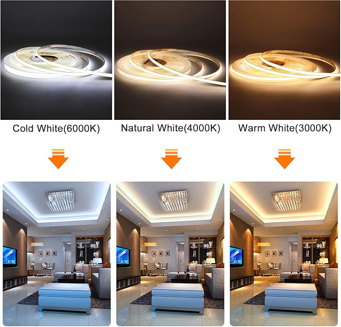12V Flexible COB LED Strip Light Tape 3000K Warm White Color, 480LEDs/m 16.4FT/5M CRI>90, High Bright Ribbon Light for Christmas House Kitchen Room Ceiling Decor (DC12V, Wihtout Power Supply)