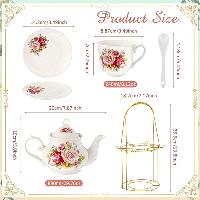Zhehao 20 Pcs Porcelain Tea Set with Metal Holder and Spoon Adult Ceramic Tea Set European Flower Painting Teapot Cup Saucer Spoon for Women, Large Version(Modern Style)