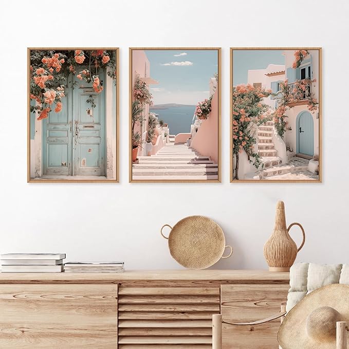 KAIRNE Italy Coast Cityscape Framed Canvas Wall Art Set, Neutral Italian Countryside Wall Decor, Aegean Santorini Landscape Wall Painting, Florida Beach Art Prints for Living Room, Bedroom 16"x24"x3