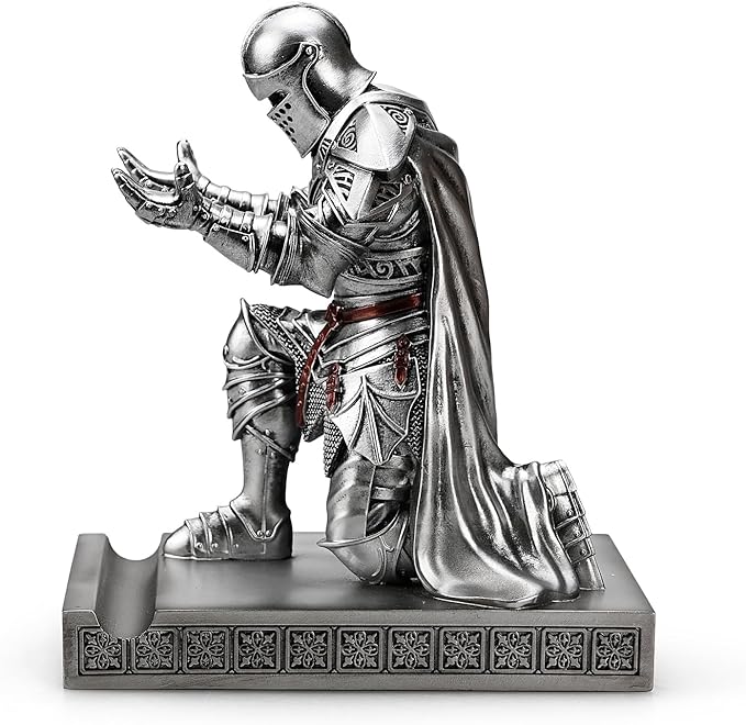 King's Guard Leader Cloak Warrior Knight Pen Holder Mobile Phone Stand, Ornament Knight Statue, Pen Stand Paperweight for Office and Home (Silver)