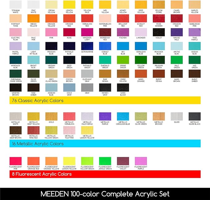MEEDEN Heavy Body Acrylic Paint Sets, 100 Colors Art Paint Tubes for Canvas Wood Fabric Painting, Non-toxic 0.41 fl Oz /12ml Acrylic Paints for Adults, Beginners, Students Crafts Painting