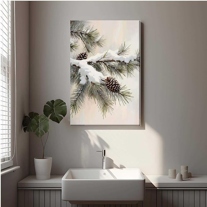 Framed Canvas Wall Art Snowy Fir Branch with Pinecones Vintage Winter Botanical Art Rustic Cottagecore Nature Decor Christmas Wall Print 20x30in Wood Framed