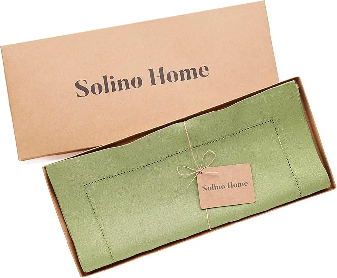 Solino Home Linen Moss Green Table Runner 48 Inches - 100% Pure Linen Small Table Runner 14 x 48 Inch Ideal for Dresser and Coffee Tables - Classic Hemstitch - Winter, Spring, Easter, St Patricks Day