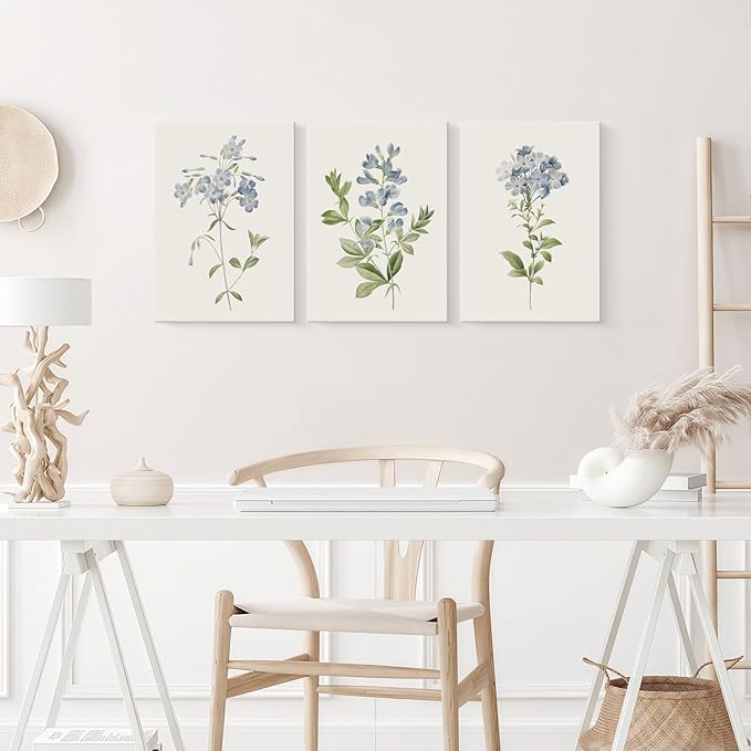3 Pcs Framed Blue Botanical Canvas Wall Art Vintage Floral Plant Print Posters Rustic Farmhouse Minimalist Flower Decor for Living Room Bedroom 12x16 inch Ready to Hang