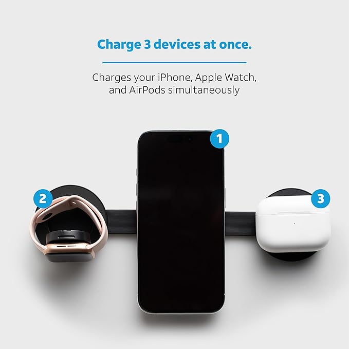 AT&T 3-in-1 Foldable Wireless Charging Station – 15W Qi-Certified Fast Charger Stand for iPhone 15/14/13, Android & AirPods – MagSafe Compatible – USB-C Cable Included – Black