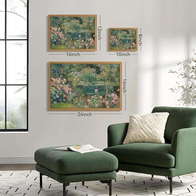 CAZLOUC Vintage Floral Wall Art, Rose Garden Pond Still Life Wall Decor, Retro Romantic Flower Poster Print, Impressionist Botanical Landscape Painting for Bedroom Office Wood Framed 8x10 Inch