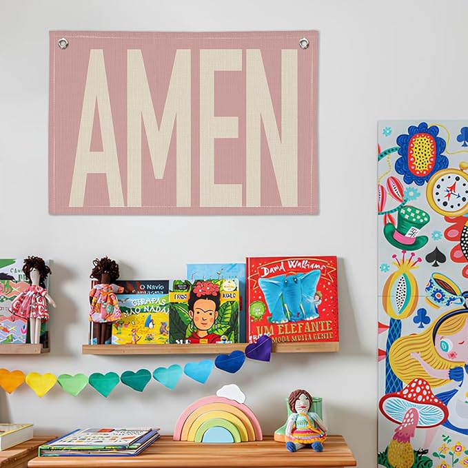 Pink "AMEN" Wall Art 20x30 Inch - Coquette Christian Decor, Girls Bedroom Hanging, Linen Prayer Banner, Nursery Faith Sign, Blush Religious Gift, Church Baptism Decor