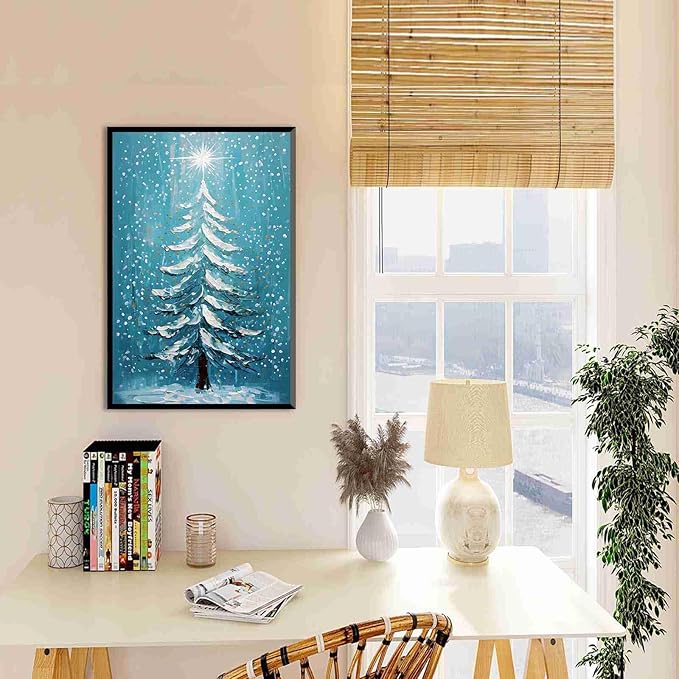 Framed Canvas Wall Art Blue Christmas Tree Print Merry Christmas Wall Decor Holiday Nature Gift Holiday Poster 24x36in Metal blackFramed