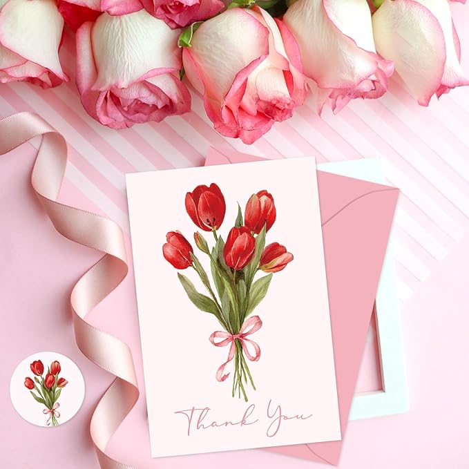 Whaline 24 Pack Tulip Flower Thank You Cards Greeting Cards Pink Floral Blank Note Card with Envelopes Stickers for Spring Mother's Day Wedding Bridal Baby Shower Birthday, 4 x 6 Inch