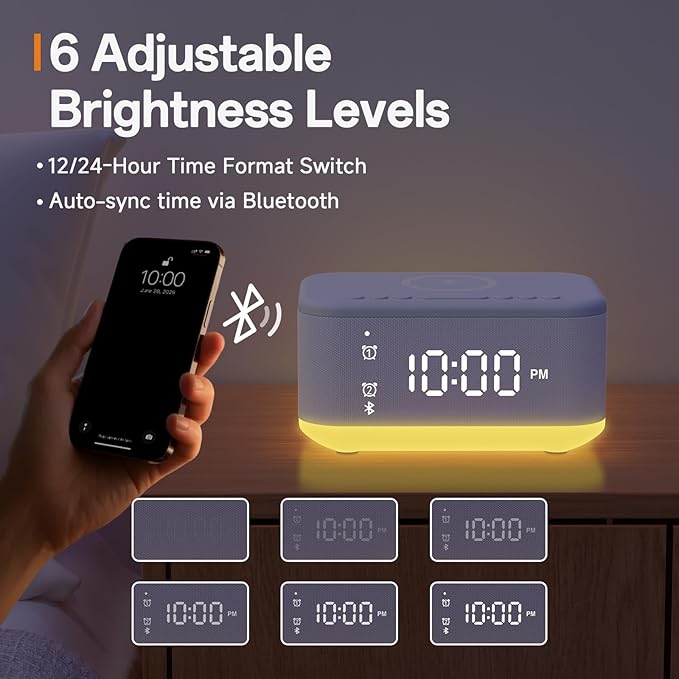 Alarm Clock Speaker Wireless Charger, Digital Alarm Clocks Bedrooms Bluetooth, Alarm Clock Dimmable Light Bedrooms Bluetooth Speaker Dual Alarm Snooze 12/24H Dimmer Support USB AUX, White