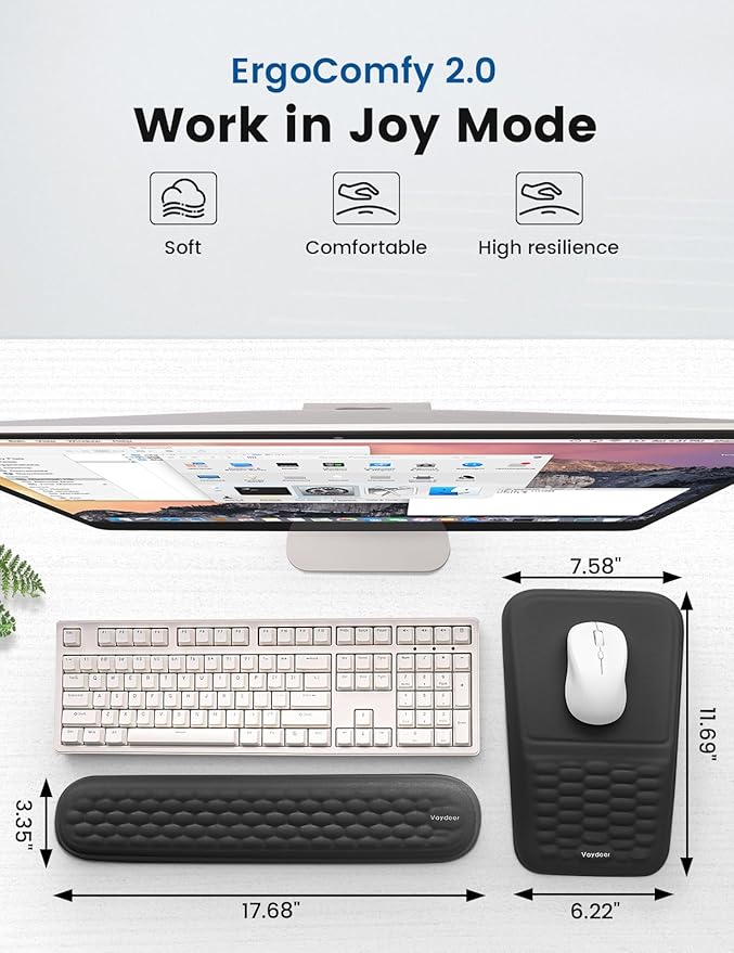 Vaydeer Wrist Rest for Computer Keyboard & Mouse Pad Set – Black, Ergonomic Memory Foam Wrist Support, Non-Slip Keyboard Wrist Rest & Soft Mouse Pad for Typing Comfort & Wrist Pain Relief