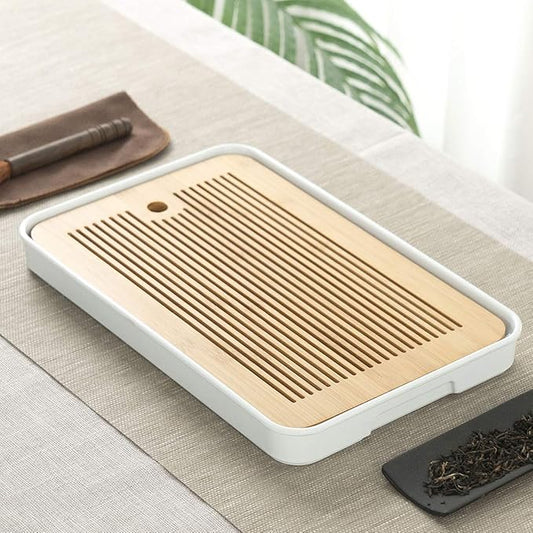 14 Inch Bamboo Chinese Gongfu Tea Tray Table Box with Water Storage for Kungfu Tea Set (Style 5 White)