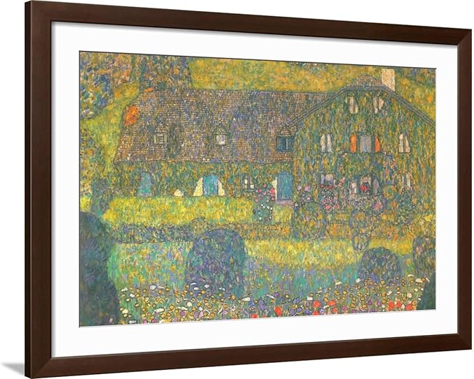 ART.COM Wall Art Print House in Attersee on Brown Frame by Gustav Klimt, 44" x 32"