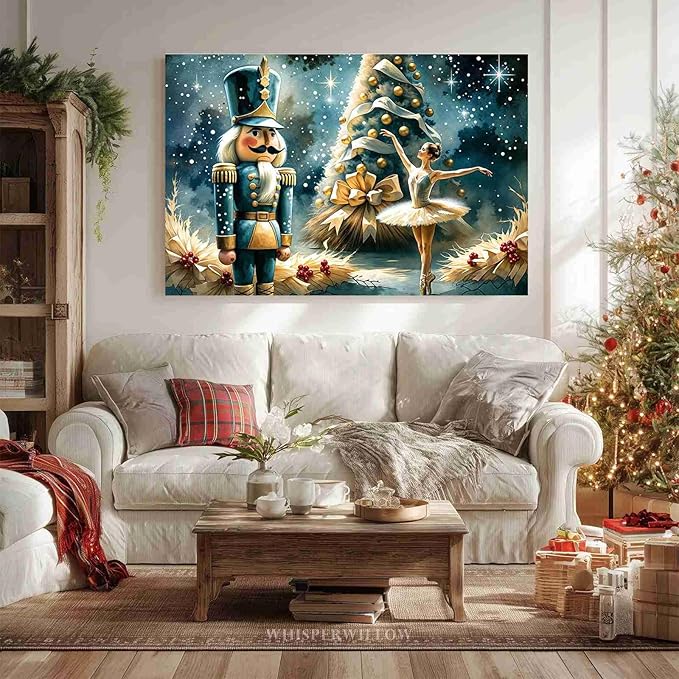 Christmas Wall Art Holiday Decor Nutcracker and Ballerina Winter Scene Poster Modern Farmhouse Poster Vintage Oil Painting Print Indoor Decor for Home Living Room Bedroom Christmas Holiday