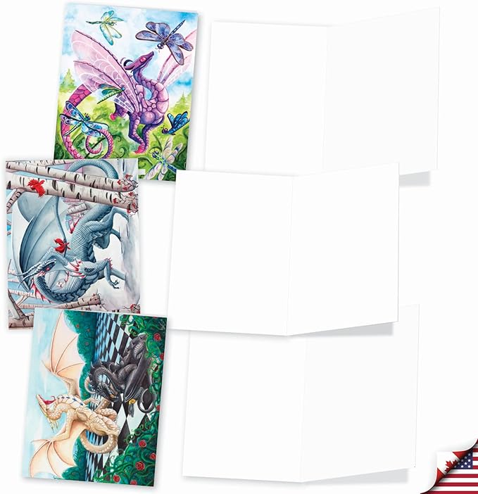 The Best Card Company - 10 Blank Note Cards (4 x 5.12 Inch) - Fun Mythical Fantasy Cards, Assorted Greetings Boxed - Dragon Dreams AM6293OCB-B1x10