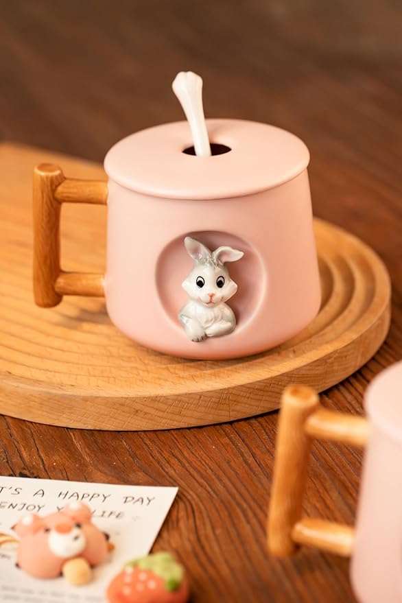 DIHOclub Adorable 3D Ceramic Rabbit Mug with Lid and Spoon Perfect for Coffee, Tea, Milk, and More - Ideal Gift for Bunny Lovers - 14 Ounces (Pink)