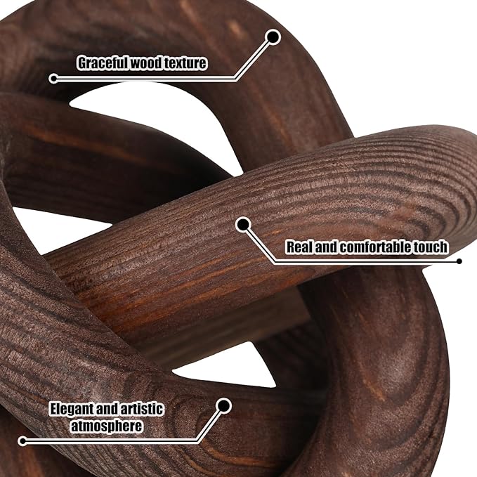 Yalikop 3 Link Wood Knot Decor Rustic Home Décor Accents Hand Carved Coffee Table Decoration, Boho Chain Link Decoration, Modern Shelf, Rustic Objects for Home Living Room Bedroom(Black Walnut)
