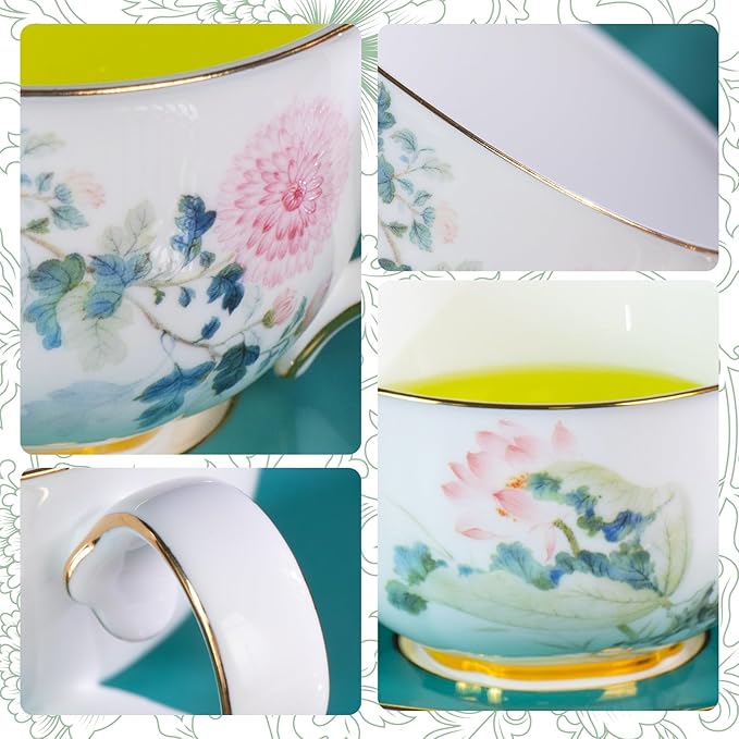 KAMMAK Tea Pot and Cups Set for Adults, Bone China Tea Cup and Saucer with Teapot, Porcelain Coffee Cups and Pot, Teapot with Tray and Gift Box for Latte, Afternoon Tea Party