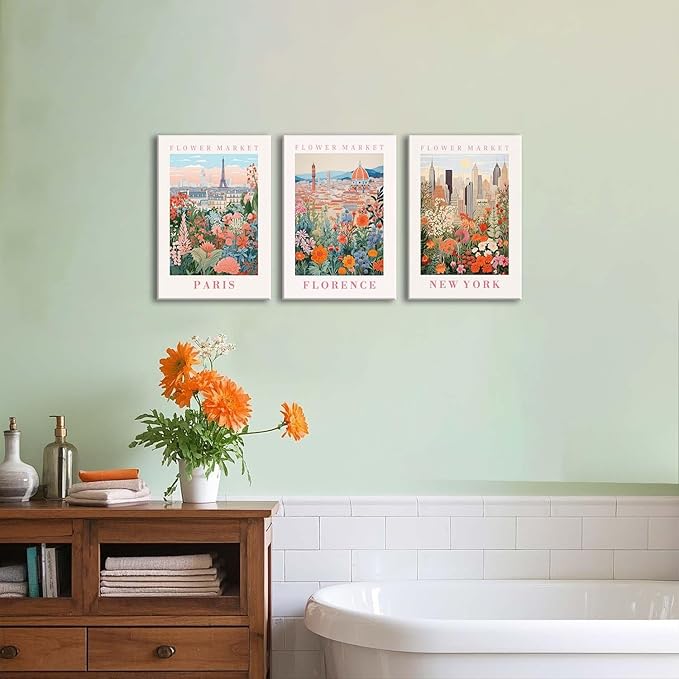 XLARTMY Flower Market Wall Art Prints Canvas Orange and Pink Floral Paintings Colorful Botanical Travel Flower Posters for Home Decor Pictures Set of 3 for Living Room Bedroom 16x24in
