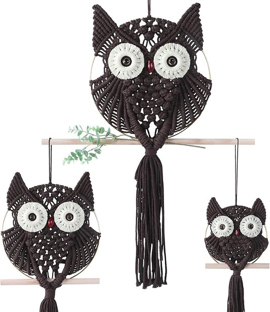 MVSUTA Owl Chocolate Cotton Handmade Macrame Wall Hanging Tapestry Home Decor Art and Craft Wonderful Decoration Woven Boho Ornament for Office Bedroom Apartment Living Nursery Gallery,3pcs set:1pc L