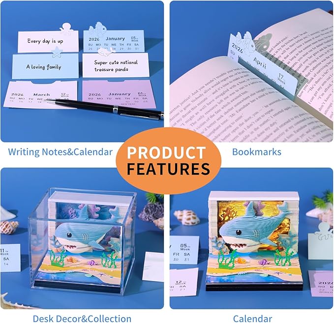 3D Time Piece Calendar 2026 3D Tear Away Art Memo Pad Notepad Desk Calendar with Light,3D Art Calendar Desktop Decoration Gift for Christmas (Ocean Shark)