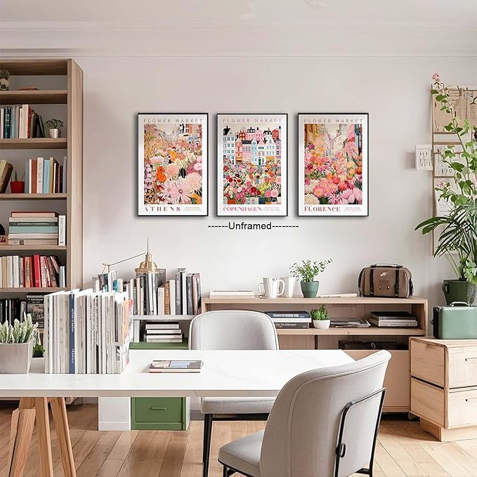 XLARTMY Flower Market Wall Art Print Canvas Pink Floral Painting Colorful Botanical Sunflower Artwork Travel Posters for Home Decor Pictures Set of 3 for Living Room Bedroom 16x24in Unframed