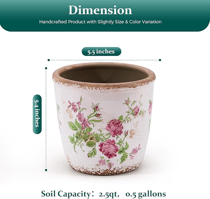 Vintage Ceramic Planter with Drainage Hole, Plastic Tray & Mesh, 5.5 Inch - Indoor/Outdoor Flower Pot, Pink Floral Rustic Farmhouse Design Plant pot for Home, Office & Garden Décor, Ideal Gift