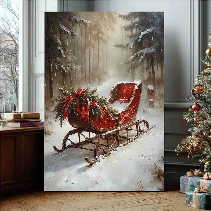 Vintage Christmas Canvas Wall Art Holiday Ride Painting Snowy Woodland Print Classic Sleigh Wall Decor Rustic Landscape Poster Indoor Decor for Offices Living Room Bedroom farmhouse Winter Holiday