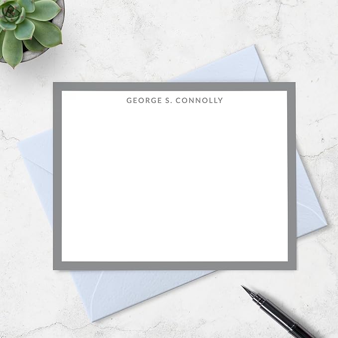 Personalized Note Cards Stationery for Men with Name and Border - Custom Stationary Set with Envelopes - Flat A2 Custom Notecards, Choose Your Colors and Set Size (Solid Color Border)