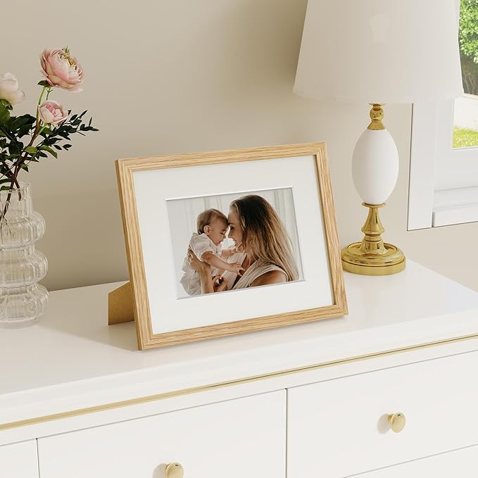 Dreamland 8x10 Picture Frame, Solid Oak Wood Photo Frame with Mat for 5x7, 8 x 10 Matted Picture Frames with Resistant Plexiglass for Wall Mounting or Tabletop, Oak Color, Set of 1